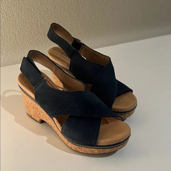 Clarks Dark Blue Wedge Sandals - Picture 1 of 11